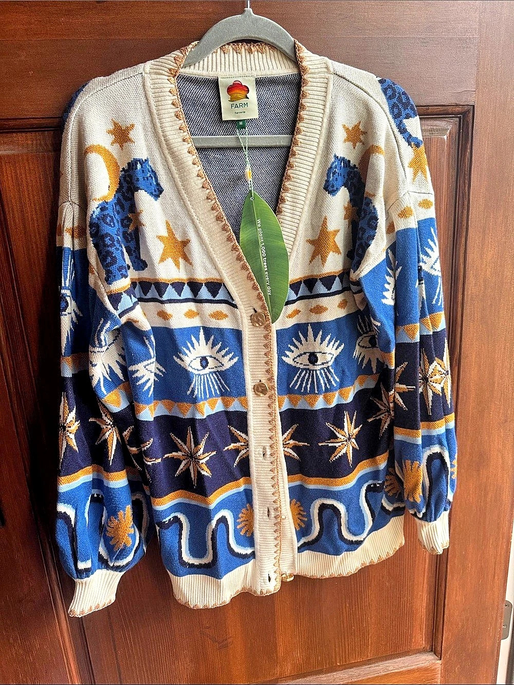 Farm Rio Mixed Mystical Ainika Buttoned Knit Cardigan Blue & Cream Medium - Picture 2 of 5